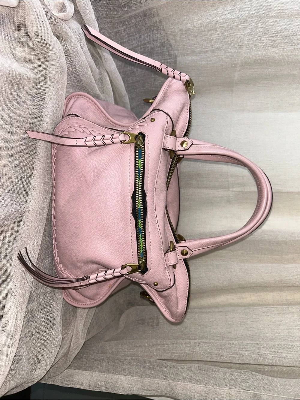 Peony Pink Pebbled Leather Shoulder Bag with Gold Accents